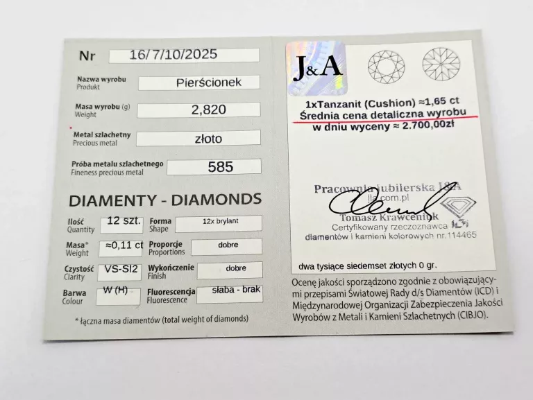 ZŁOTY PIERŚCIONEK Z DIAMENTAMI I TANZANITEM 1,65CT 585 2,82G 0,11CT 12