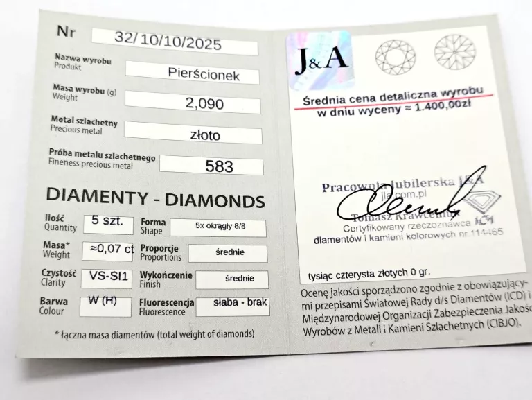 ZŁOTY PIERŚCIONEK Z DIAMENTAMI 585 2,09G 0,07CT 15
