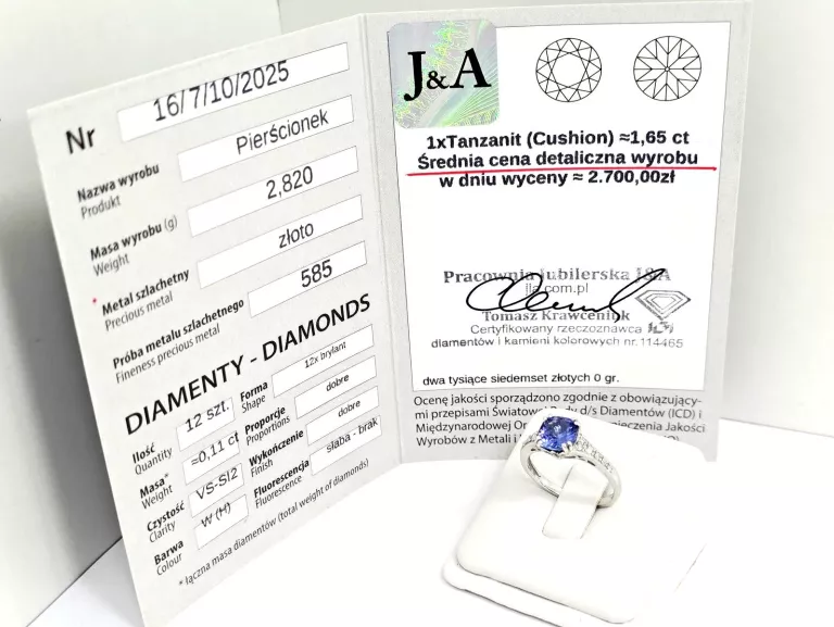 ZŁOTY PIERŚCIONEK Z DIAMENTAMI I TANZANITEM 1,65CT 585 2,82G 0,11CT 12