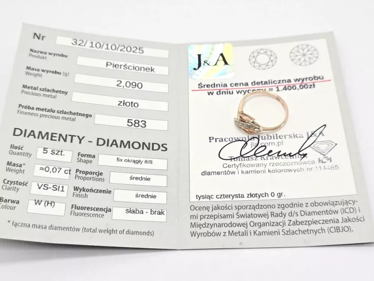 ZŁOTY PIERŚCIONEK Z DIAMENTAMI 585 2,09G 0,07CT 15