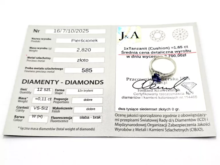 ZŁOTY PIERŚCIONEK Z DIAMENTAMI I TANZANITEM 1,65CT 585 2,82G 0,11CT 12