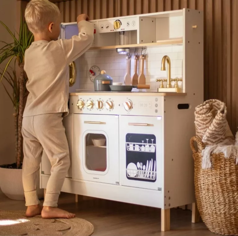 DUŻA INTERAKTYWNA EDUKACYJNA DREWNIANA KUCHNIA Z OŚWIETLENIEM LED 2 POZIOM