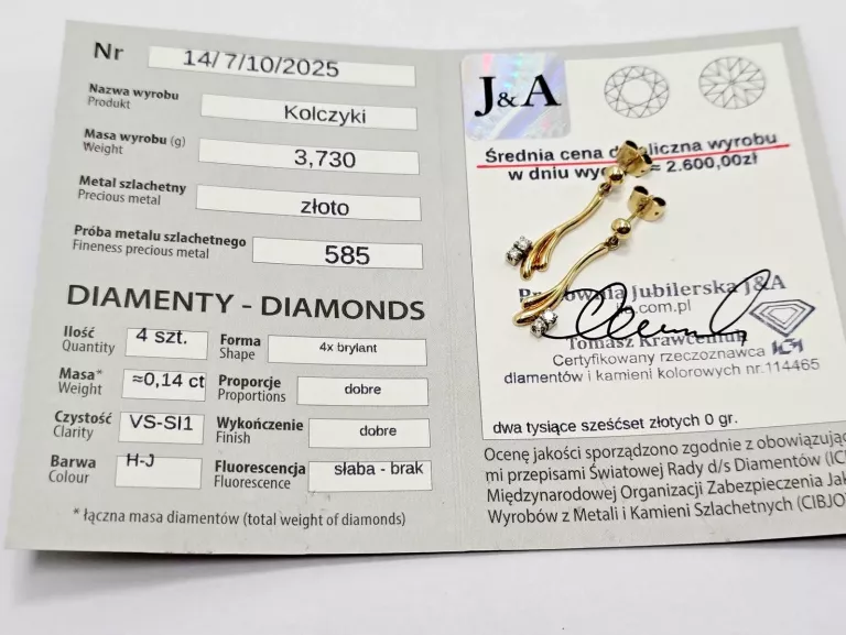 ZŁOTE KOLCZYKI Z DIAMENTAMI 585 3,73G 0,14CT