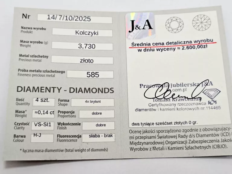 ZŁOTE KOLCZYKI Z DIAMENTAMI 585 3,73G 0,14CT