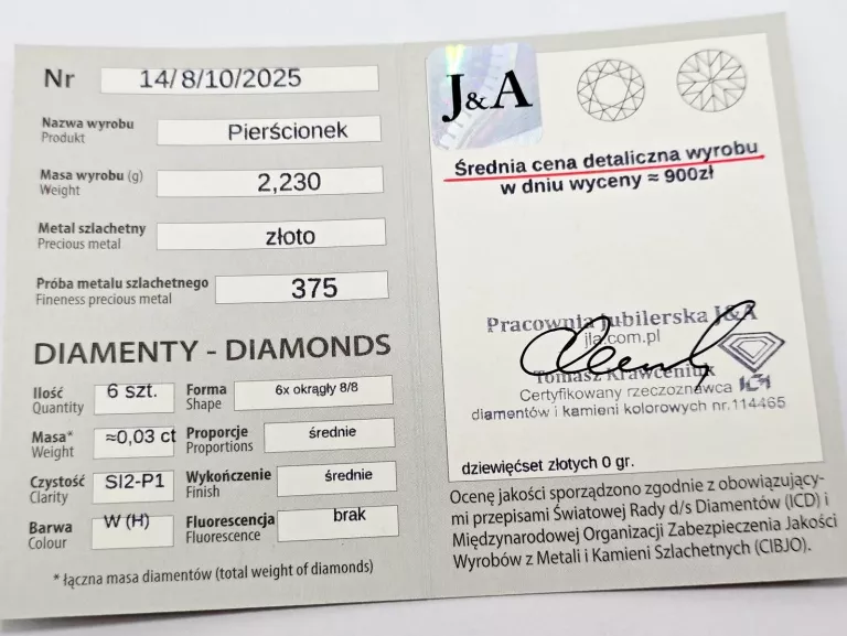 ZŁOTY PIERŚCIONEK Z DIAMENTAMI 375 2,23G 0,03CT 11