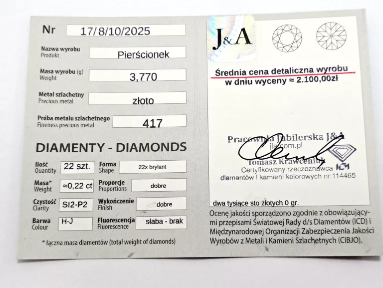 ZŁOTY PIERŚCIONEK Z DIAMENTAMI 417 3,77G 0,22CT 16