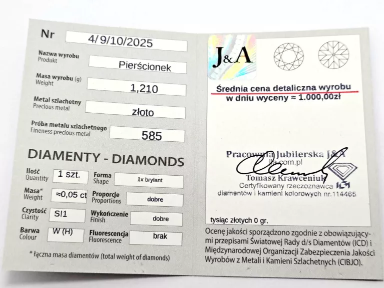 ZŁOTY PIERŚCIONEK Z DIAMENTEM 585 1,21G 0,05CT 14