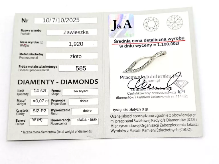 ZŁOTA ZAWIESZKA Z DIAMENTAMI 585 1,92G 0,07CT