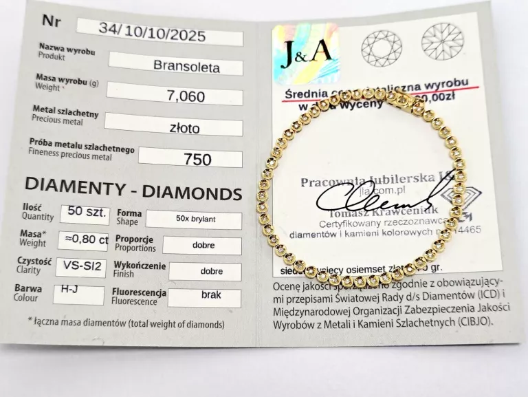 ZŁOTA BRANSOLETKA Z DIAMENTAMI 750 7,06G 0,80CT 18CM
