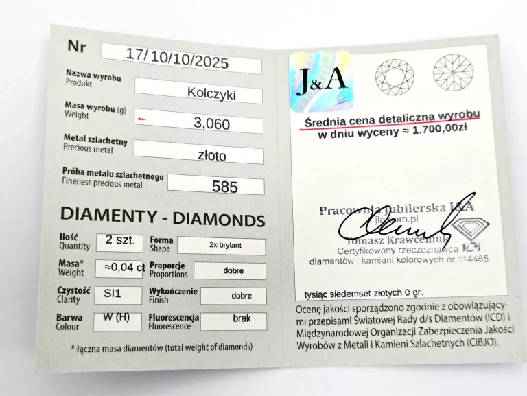 ZŁOTY KOLCZYKI Z DIAMENTAMI 585 3,06G 0,04CT