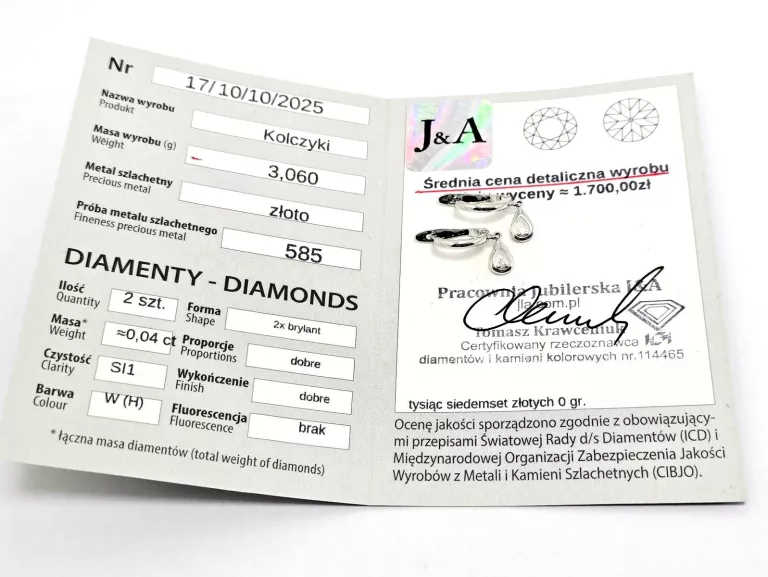 ZŁOTY KOLCZYKI Z DIAMENTAMI 585 3,06G 0,04CT