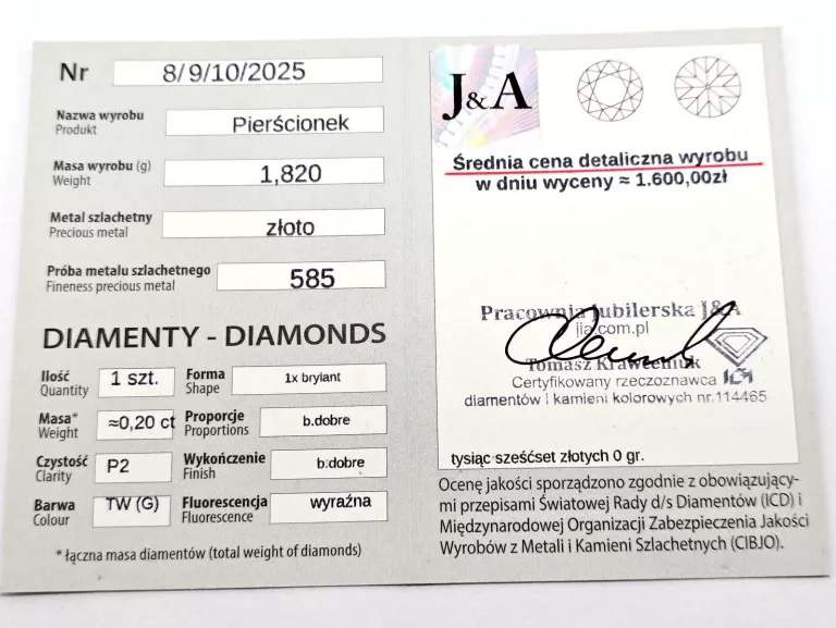 ZŁOTY PIERŚCIONEK Z DIAMENTEM 585 1,82G 0,20CT 7