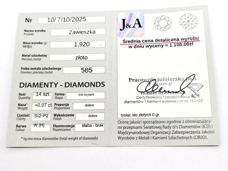 ZŁOTA ZAWIESZKA Z DIAMENTAMI 585 1,92G 0,07CT