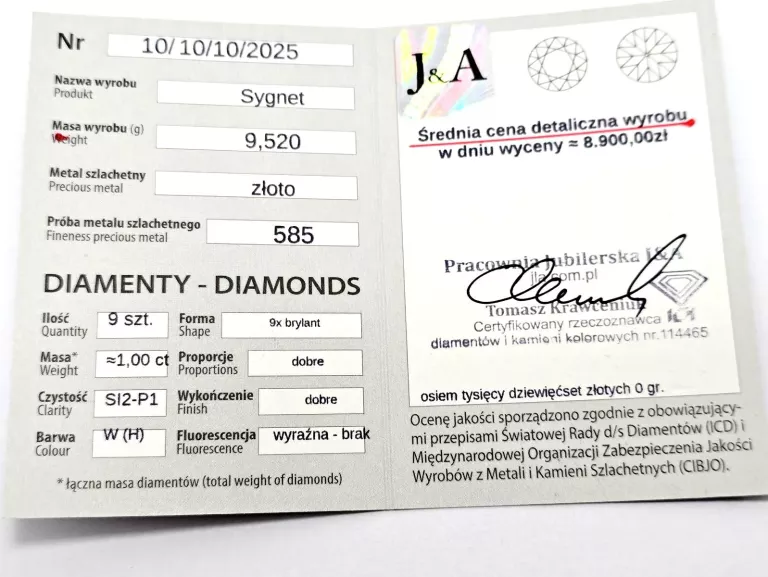 ZŁOTY SYGNET Z DIAMENTAMI 585 9,52G 1,00CT 23