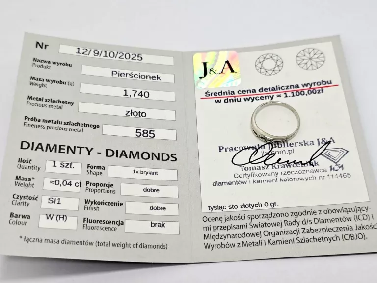ZŁOTY PIERŚCIONEK Z DIAMENTEM 585 1,74G 0,04CT 13
