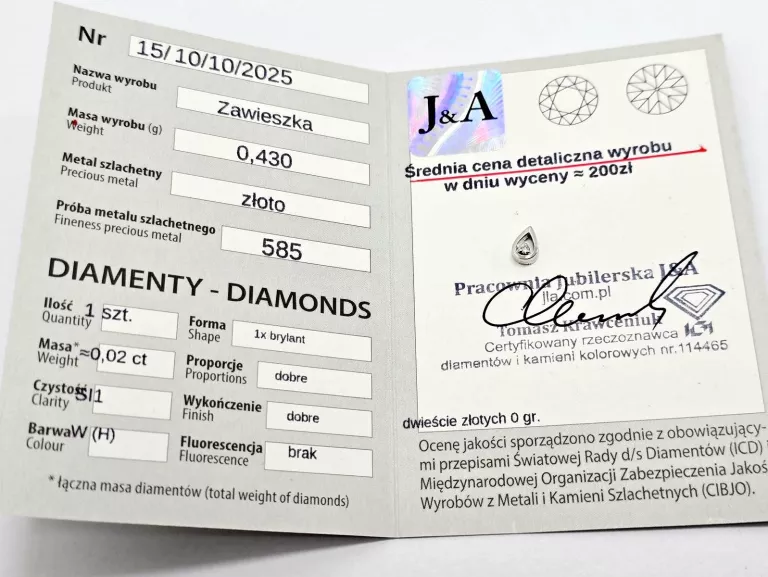 ZŁOTA ZAWIESZKA Z DIAMENTEM 585 0,43G 0,02CT