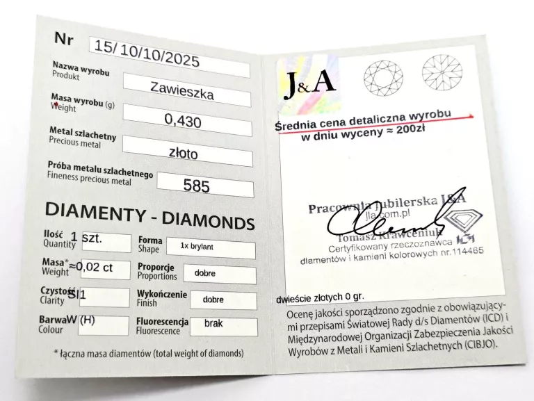 ZŁOTA ZAWIESZKA Z DIAMENTEM 585 0,43G 0,02CT