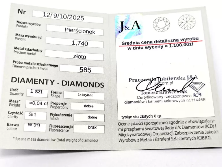 ZŁOTY PIERŚCIONEK Z DIAMENTEM 585 1,74G 0,04CT 13