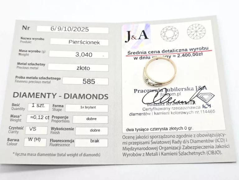 ZŁOTY PIERŚCIONEK Z DIAMENTEM 585 3,04G 0,12CT 17