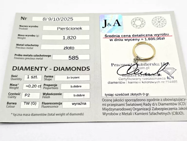 ZŁOTY PIERŚCIONEK Z DIAMENTEM 585 1,82G 0,20CT 7