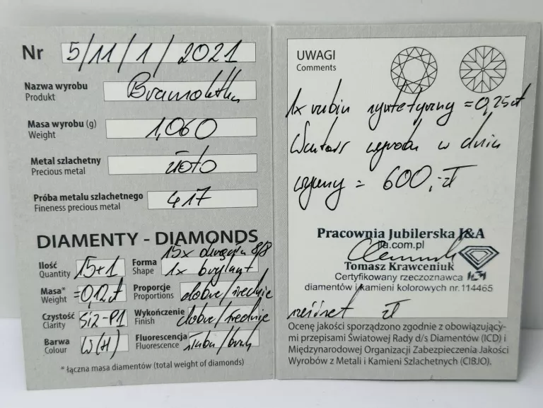 ZŁOTA BRANSOLETKA Z ZAWIESZKĄ Z DIAMENTAMI PR.417 W.1,06