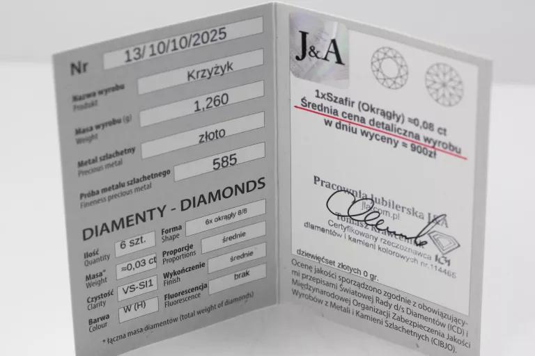 ZŁOTA ZAWIESZKA KRZYŻYK DIAMENTY 0,03CT 585 1,26G.