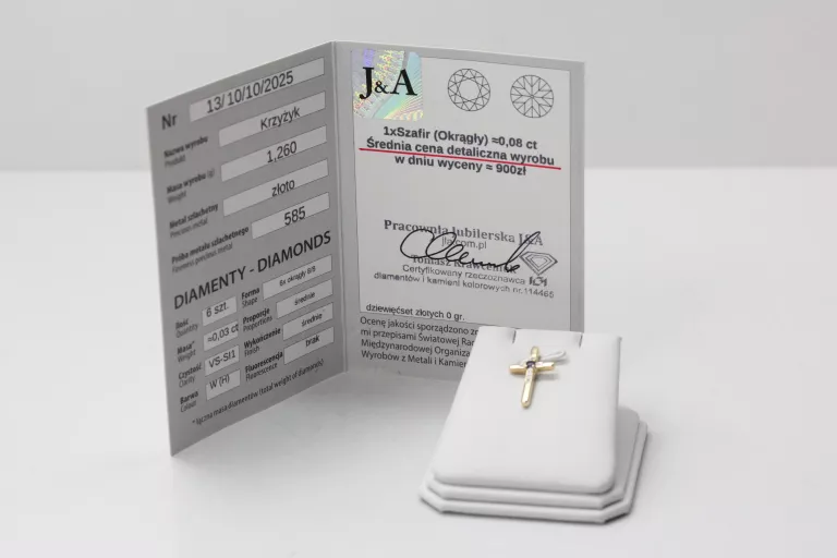 ZŁOTA ZAWIESZKA KRZYŻYK DIAMENTY 0,03CT 585 1,26G.