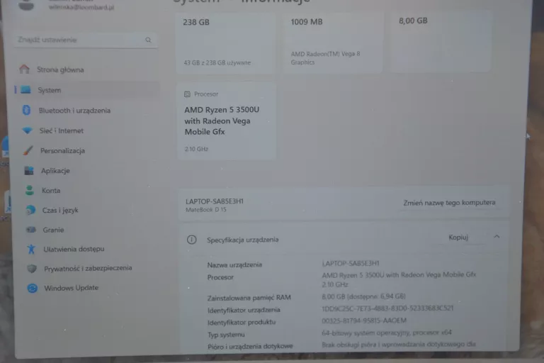 LAPTOP HUAWEI MATEBOOK D15 15,6" AMD RYZEN R5 3500U 8GB 256GB SSD WIN11