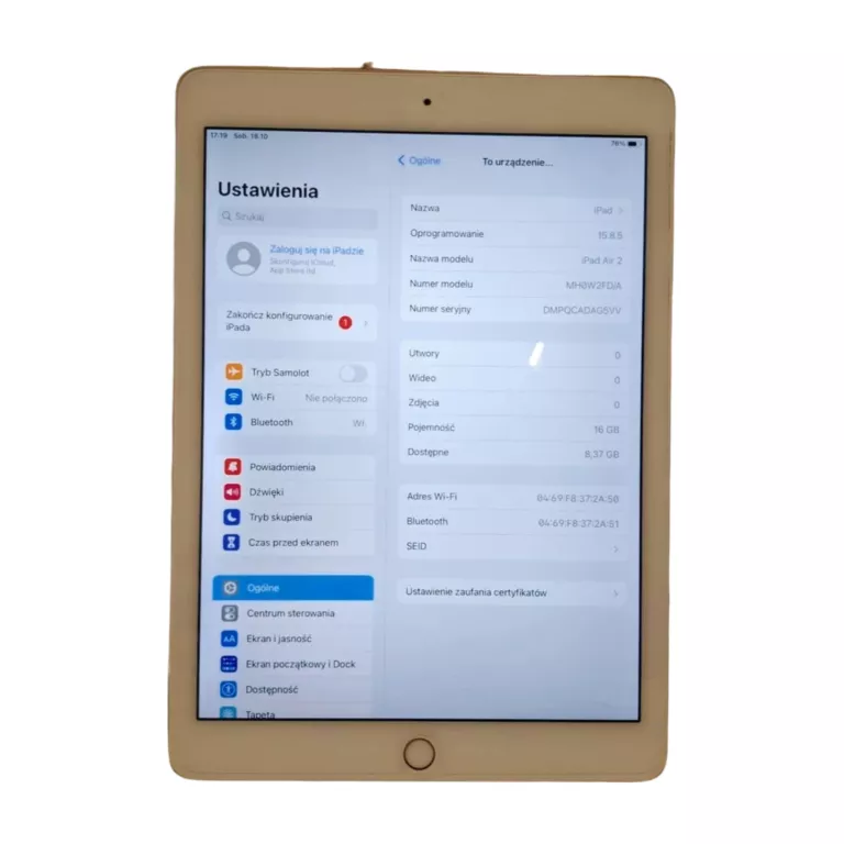 TABLET APPLE IPAD AIR 2 8/16 GB 6TH GEN. MODEL A1566 ZŁOTY + ŁADOWARKA