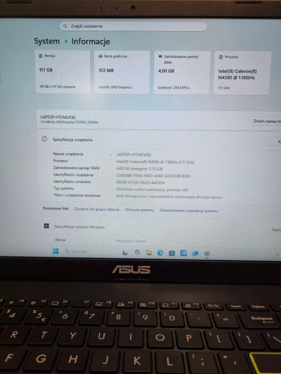 LAPTOP ASUS E510 4/128GB/INTEL CLEERON