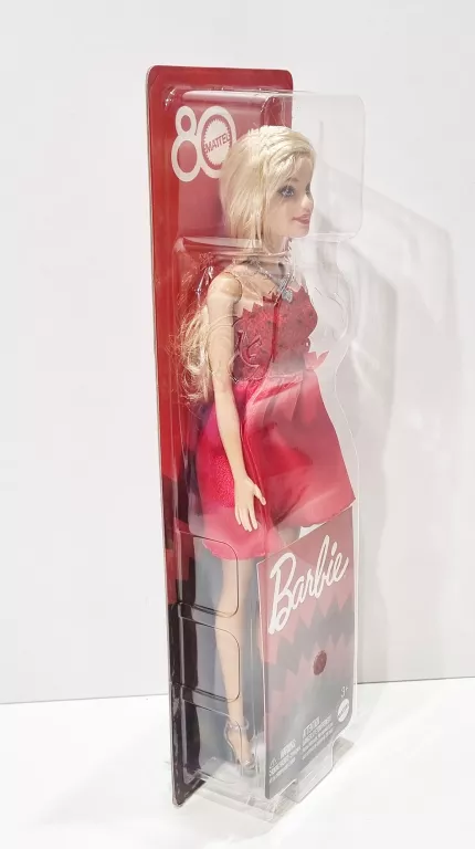 LALKA BARBIE BLONDYNKA RUBINOWA SUKIENKA 80 LECIE