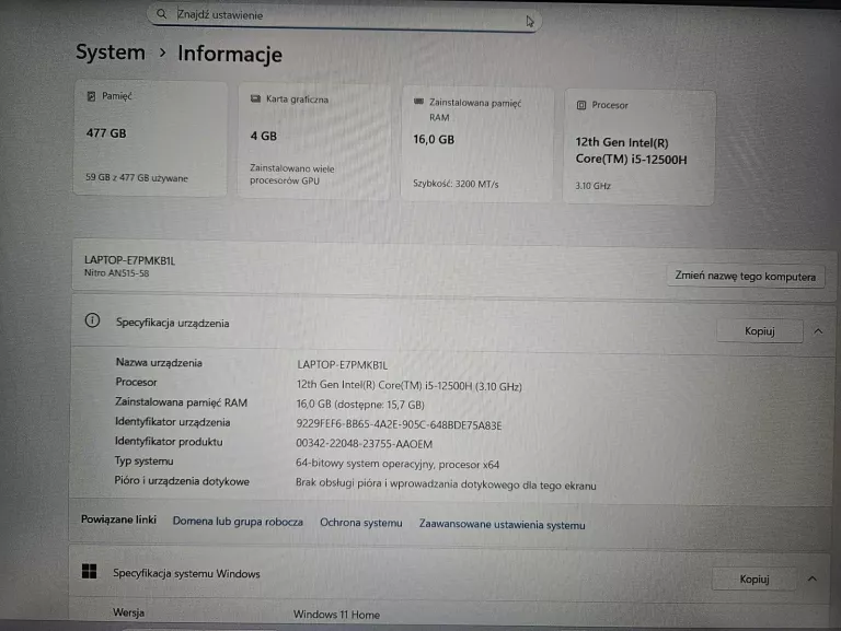 LAPTOP ACER NITRO 5 AN515-58-58C3 15,6 "