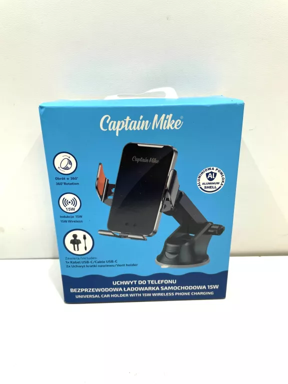 UCHWYT DO TELEFONU Z BEZPRZEWODOWĄ ŁADOWARKĄ SAMOCHODOWĄ 15W CAPTAIN MIKE