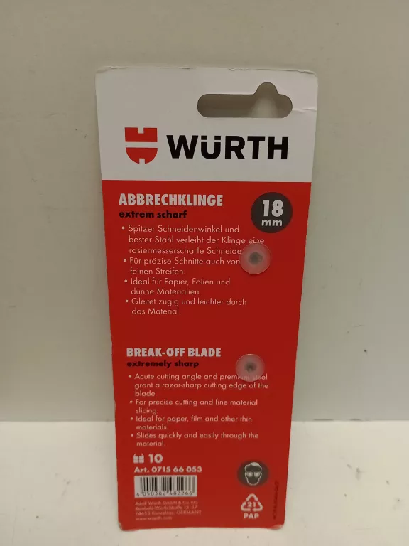 OSTRZA ŁAMANE WÜRTH CZARNE 18MM DO NOŻA DO TAPET