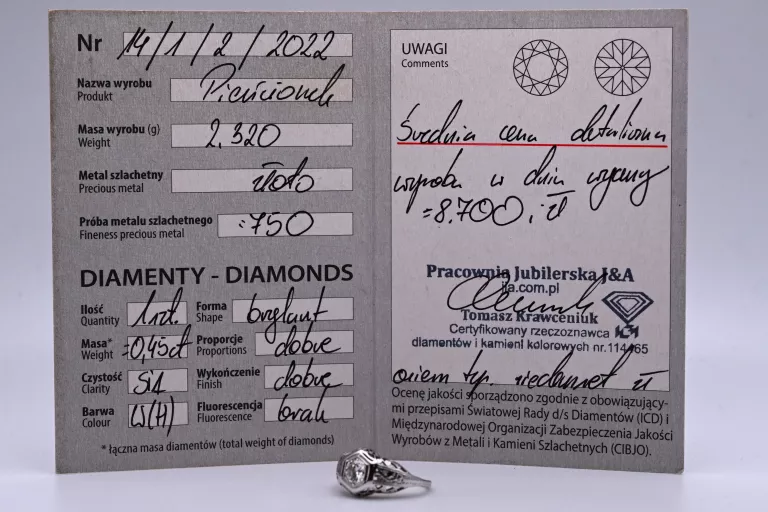 MISTERNY PIERŚCIONEK Z WIDOWISKOWYM BRYLANTEM 0,45CT ZŁOTO 750 R: 10