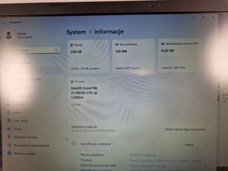 LAPTOP ASUS X509JA I3/8GB/250GB ZASILACZ