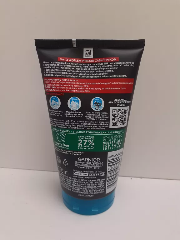 GARNIER PURE ACTIVE 3W1 ŻEL MASKA PEELING PRZECIW ZASKÓRNIKOM 150 ML