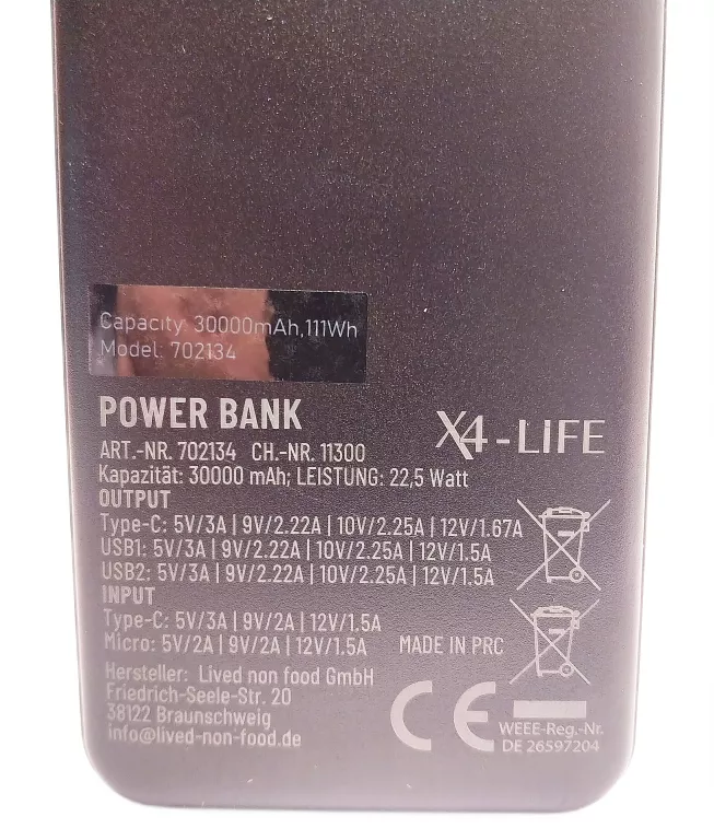 X4-LIFE POWERBANK 30000 MAH 702134 + PUD USB
