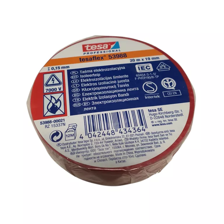 TAŚMA ELEKTROIZOLACYJNA PVC 20M X 19MM CZERWONA DO IZOLACJI TESA