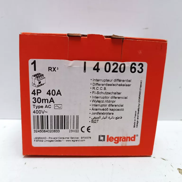 LEGRAND WYŁĄCZNIK RÓŻNICOWOPRĄDOWY 4P 40A TYP AC P304 RX3 402063