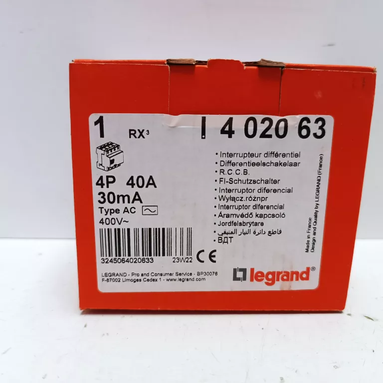 LEGRAND WYŁĄCZNIK RÓŻNICOWOPRĄDOWY 4P 40A TYP AC P304 RX3 402063
