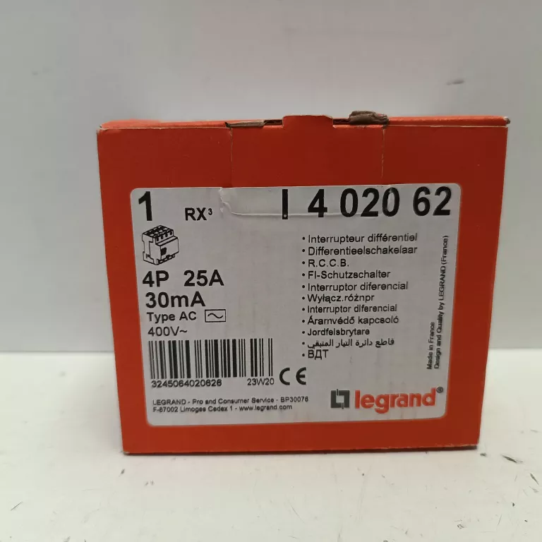 LEGRAND WYŁĄCZNIK RÓŻNICOWOPRĄDOWY 4P 25A TYP AC P304 RX3 402062