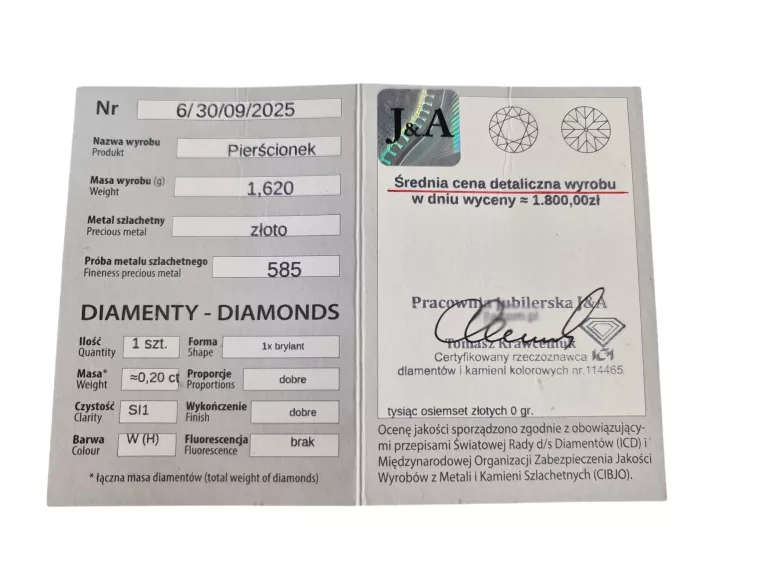 PIĘKNY ZŁOTY PIERŚCIONEK Z BRYLANTEM 0,20CT P.585 / W. 1,62G / R.13