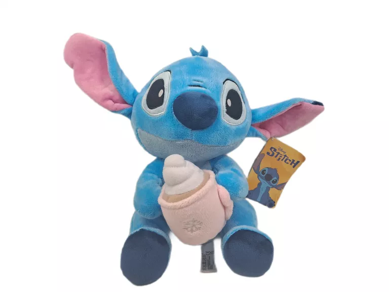 PLUSZAK STITCH TRZYMAJĄCY KUBEK CZEKO SŁODKA ZABAWKA PRZYTULANKA OK 23CM