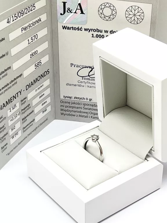 CUDO! ZARĘCZYNOWY PIERŚCIONEK BIAŁE ZŁOTO BRYLANT 0,10CT CERTYFIKAT