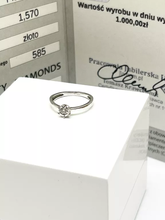 CUDO! ZARĘCZYNOWY PIERŚCIONEK BIAŁE ZŁOTO BRYLANT 0,10CT CERTYFIKAT