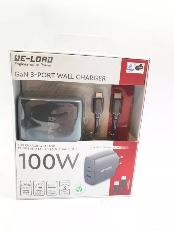 ŁADOWARKA SZYBKA 100W ŚCIENNA RE-LOAD GAN TECH 3 PORT USB-A + 2 X USB-C