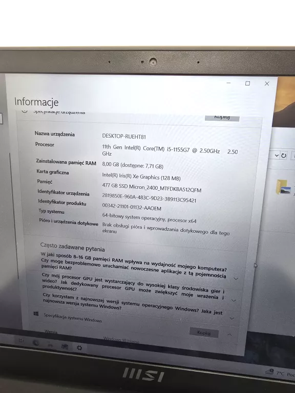 LAPTOP MSI MODERN 15 15,6 " INTEL CORE I5-1155G7 / 8 GB / 512