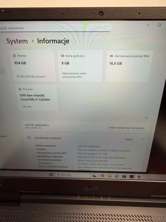 LAPTOP  ACER NITRO 5 AN515-58  INTELCORE I7/ 16GB/1TB./ WIN.11 HOME
