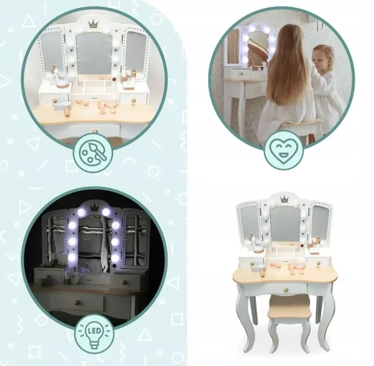 DUŻA DREWNIANA TOALETKA DLA DZIECI Z OŚWIETLENIEM LED TABORETEM AKCESORIAM